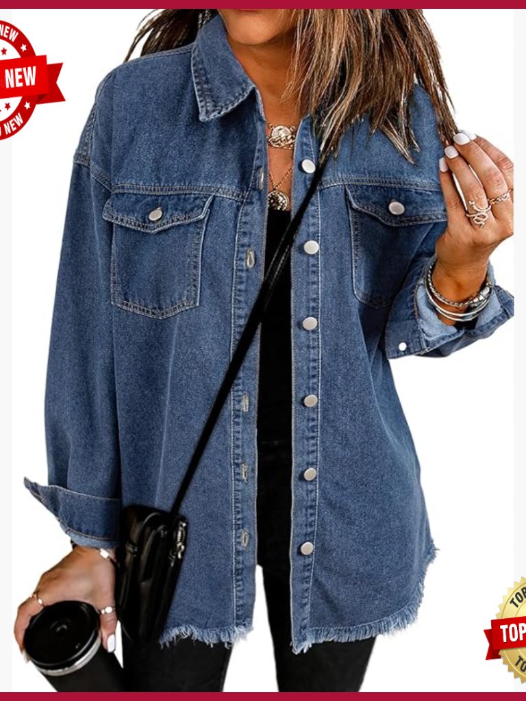 Oversized Denim Jacket Long Sleeve Button Closure Loose Fit Distressed